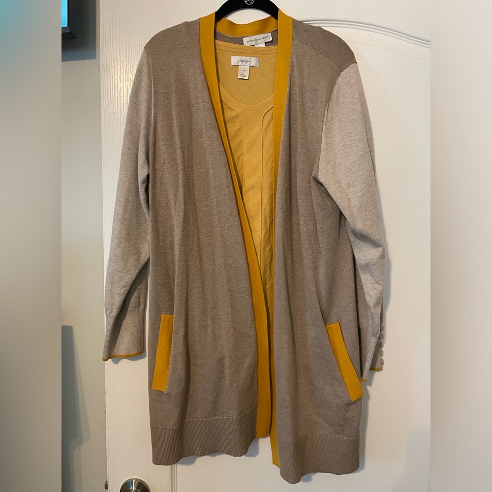 CJ BANKS XL Tan and Yellow Color-Block Cardigan Sweater